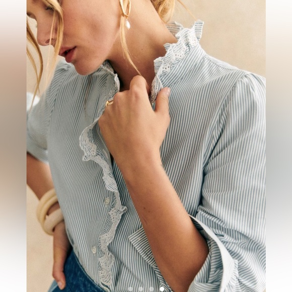 Sezane Chlo Blue and White Stripe Shirt 10 42 - Picture 4 of 12